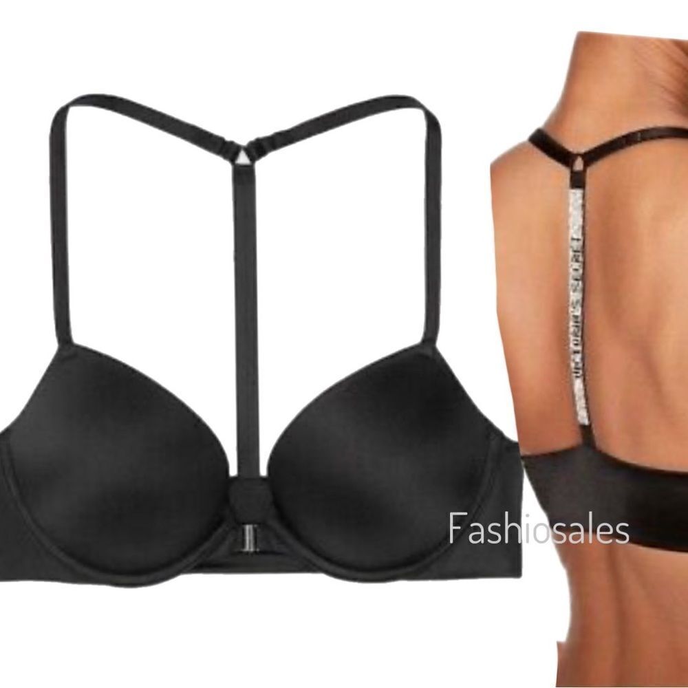 Victorias Secret Swim Bling Shine Strap Full Coverage Push Up Bikini top Black